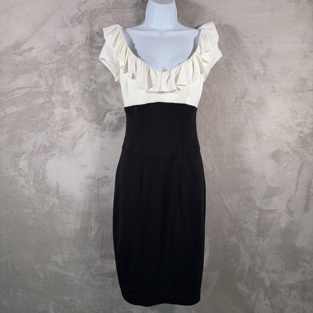 CACHE Dress Womens Size 6 White Black Colorblock Ruffle Sheath Cocktail